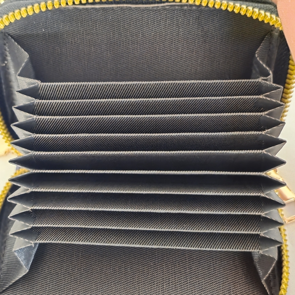 Small Black Wallet Faux Leather Accordion Card Case Metallic Floral Double Zip - Picture 4 of 6